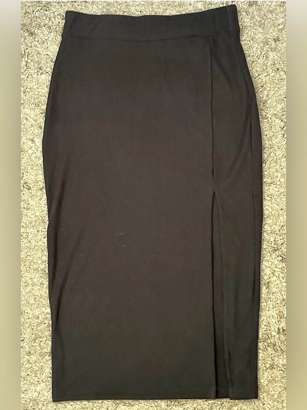 Shein Women’s S Black Ribbed Stretch Elastic Waist Side Slit Bodycon Midi Skirt